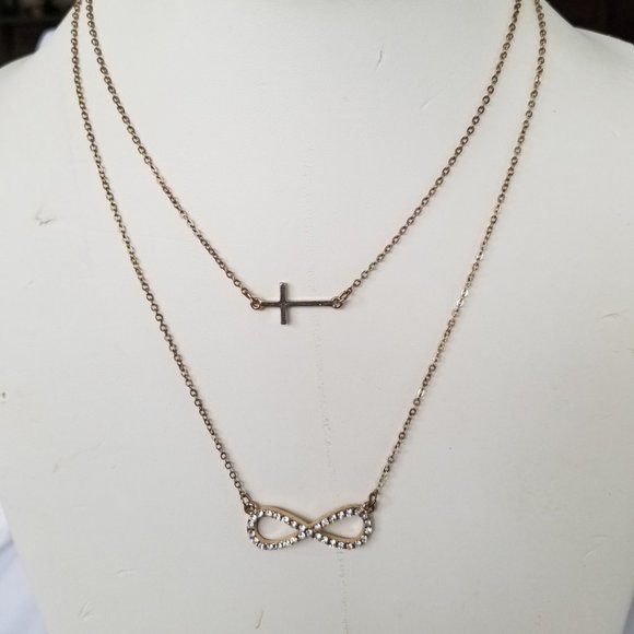 Infinite & Cross Layered Necklace Gold Tone - Picture 1 of 12